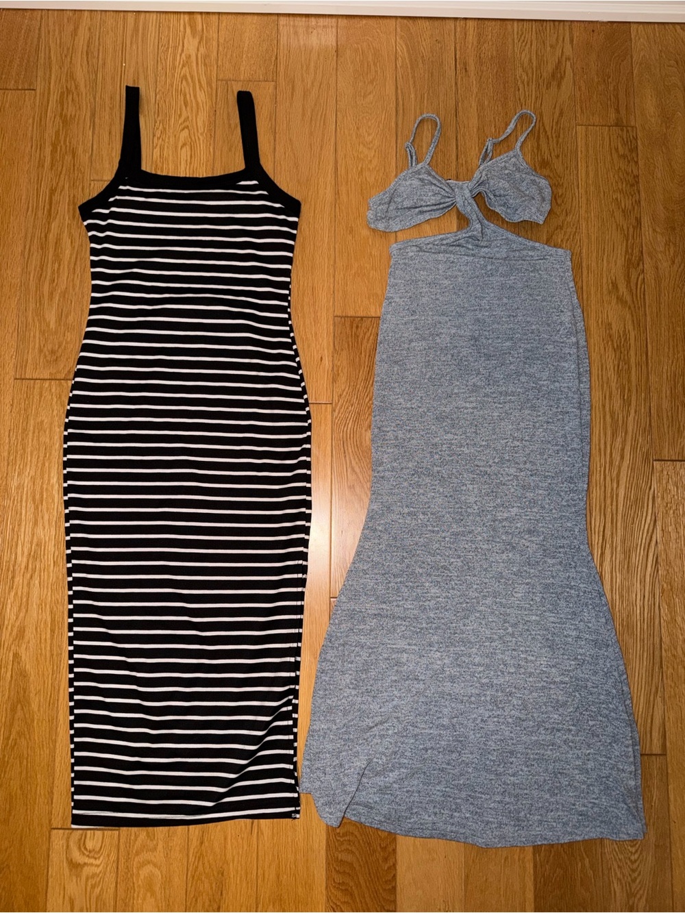 Bundle of NEW Women’s Black & White Striped Dress and Gray Cutout Maxi Dress